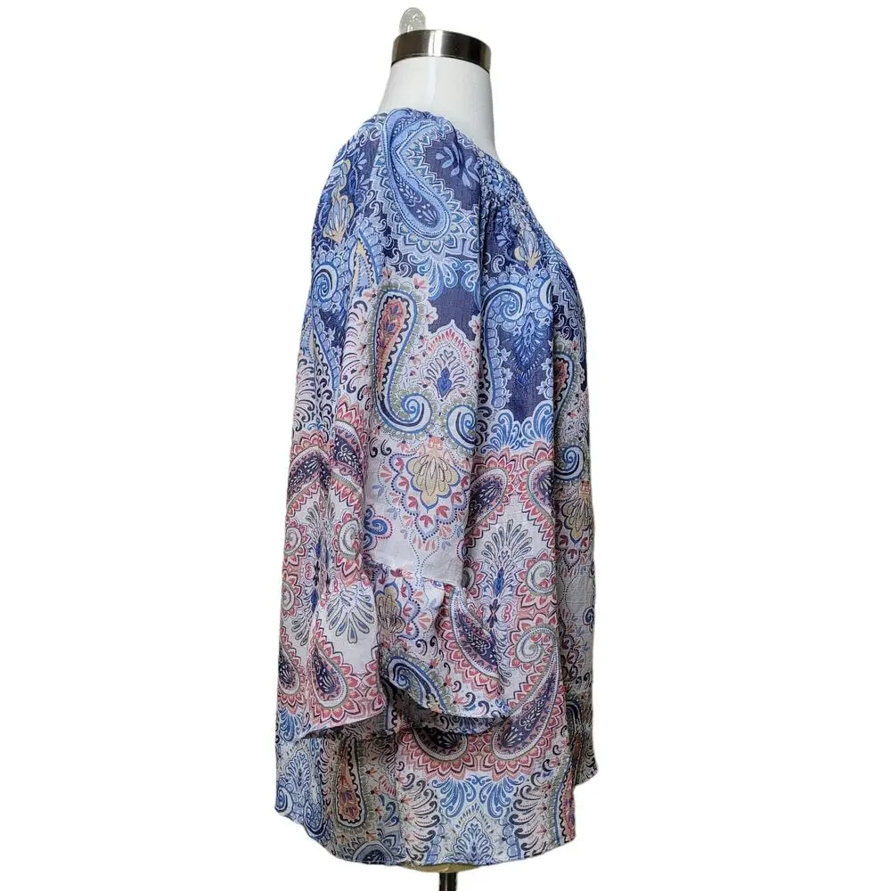 Zac & Rachel Women's Blue Paisley Blouse Top 3/4 Bell Sleeve Off Shoulder Medium - Picture 2 of 9